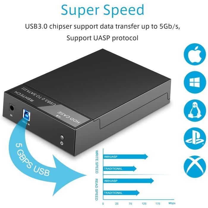 USB 3.0 Boîtier Disque Dur Externe 3.5 Pouces SATA III HDD UASP 10 To Max  12V 2A Bloc Alimentation Câble USB 3.0 Inclus