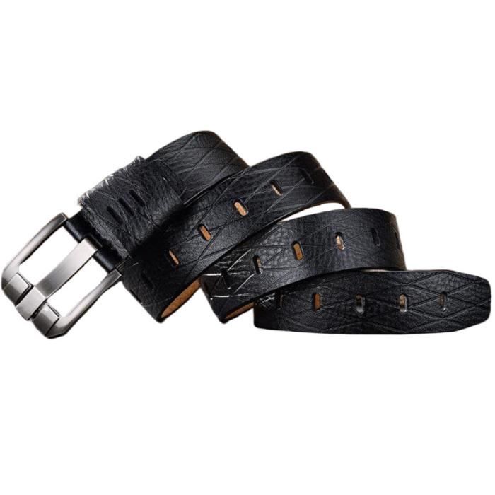 Ceinture homme en cuir noir surpiqué - Boucle carrée et logo embossé