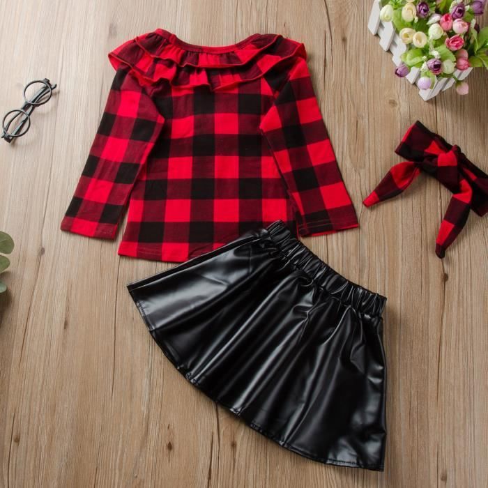 Un ensemble de vetements Enfants bebe filles a volants hauts a carreaux jupe en cuir jupe courte ensembles de serre tete Rouge Cdiscount Pret a Porter