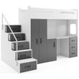 Lit mezzanine MAX 4 en 80x200 avec bureau, armoire, matelas, sommier et escalier en blanc+gris-0