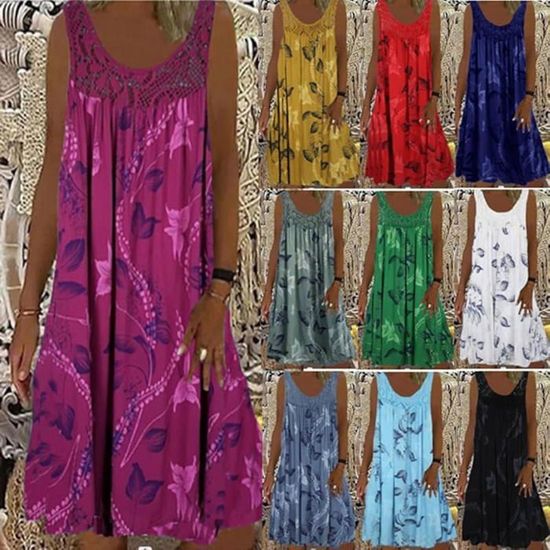 Robe D'été Sans Manches Imprimé Floral - Coupe Ample, Col Rond, Genou, Style Rétro Décontracté