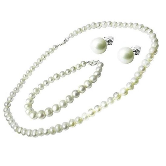 Parure Argent Sterling Perles D'eau Douce | Collier Bracelet Boucles D'oreilles Macys