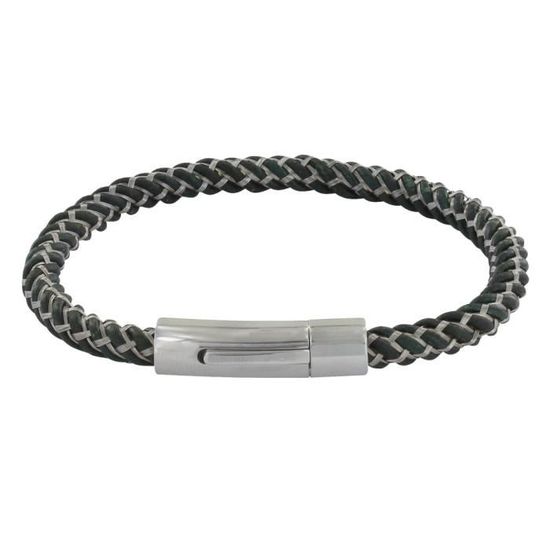 Bracelet Acier Homme Cuir Noir et Perles de Jaspe Bleu - taille 19 cm