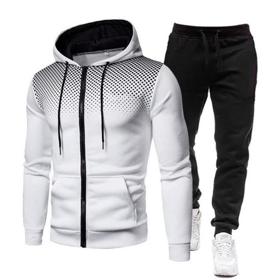 Ensemble A Capuche Homme Chic Pois Sweat a Capuche Et Pantalon Fitness DeContracte hoodie Survetement Sport Blanc S