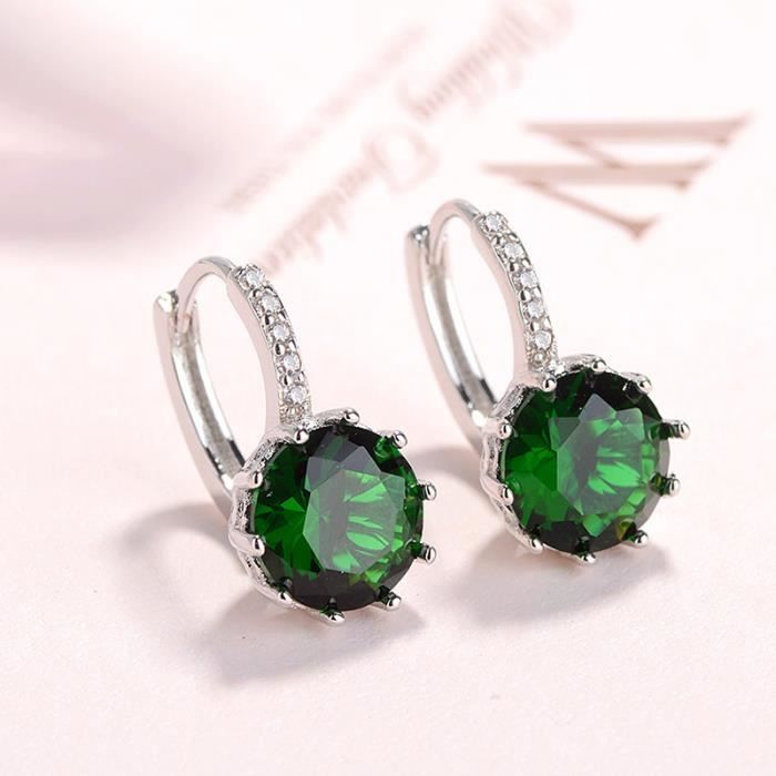 Coupe ronde Boucles d'oreilles Émeraude 18k blanc plaqué or mode Femme fille Boucles d'oreilles