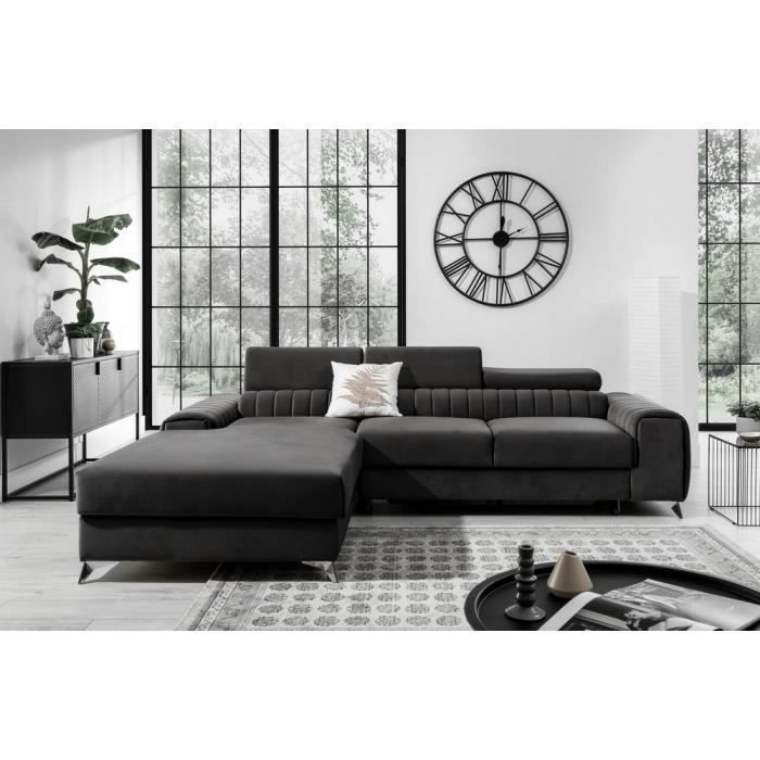 Canapé d'angle 5 places Noir Tissu Luxe Confort