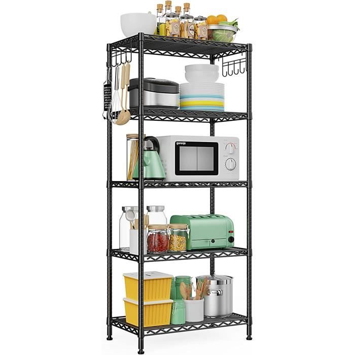 Etagère cuisine, Etagère de Rangement Meuble Organisation de Cuisine avec 5 Couches Tablettes 5 Crochets Idéal pour Salon Balcon