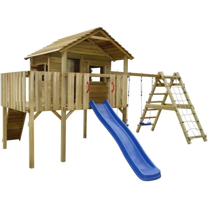Magnifique- Aire de jeu Portique Maison enfant exterieur, filet d'escalade, toboggan, balançoires Bois