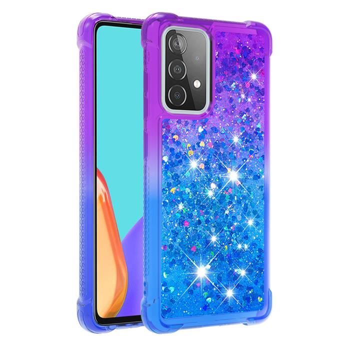 Coque Samsung Galaxy A52 (5G), Transparente Silicone Liquide Paillette Gradient Couleur Ultra-fin Antichoc, Violet Bleu