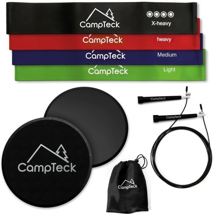 CampTeck U6760 'Kit de Fitness' 2x Noir Disque Glisseur Abdominaux Double Face, 3m Corde & 4x Bandes de Résistance