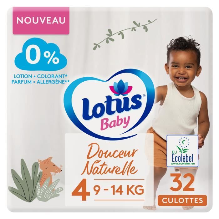 LOTUS BABY Couches culottes bébé taille 4 : 9 - 14kg douceur naturelle - paquet de 32 couches
