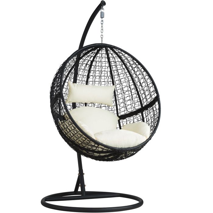 TECTAKE Balancelle de Jardin sur Pied, Hamac, Fauteuil Suspendu en Résine Tressée Structure ACIER Noir + Coussins