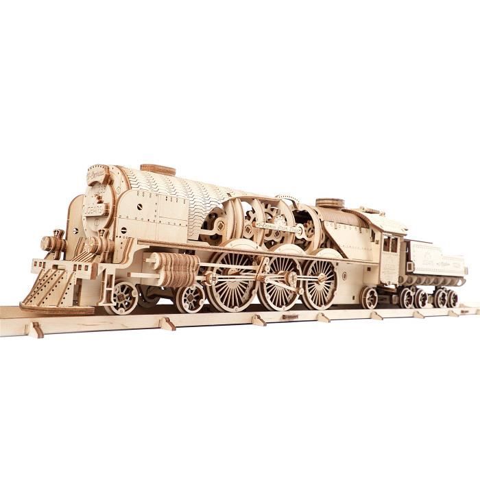 Ugears Train en Bois Model 3D - Locomotive, Tender, Chemin de Fer - Puzzle A Encastrement Adulte, Miniature Mécanique, à Construi