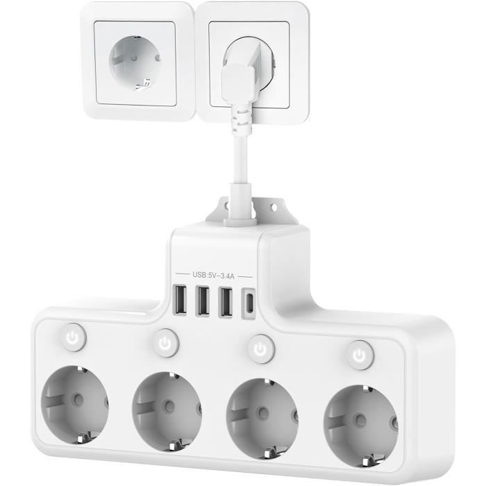 Multiprise - LARGEIGHT - 4 Prises - 4000W - 16A - 4 Interrupteurs Individuels - 3 USB-A 1 USB-C