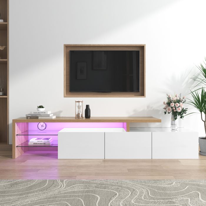 Meuble TV - SUNFECILI - Blanc Brillant - Éclairage LED - Rangement - Étagères en Verre
