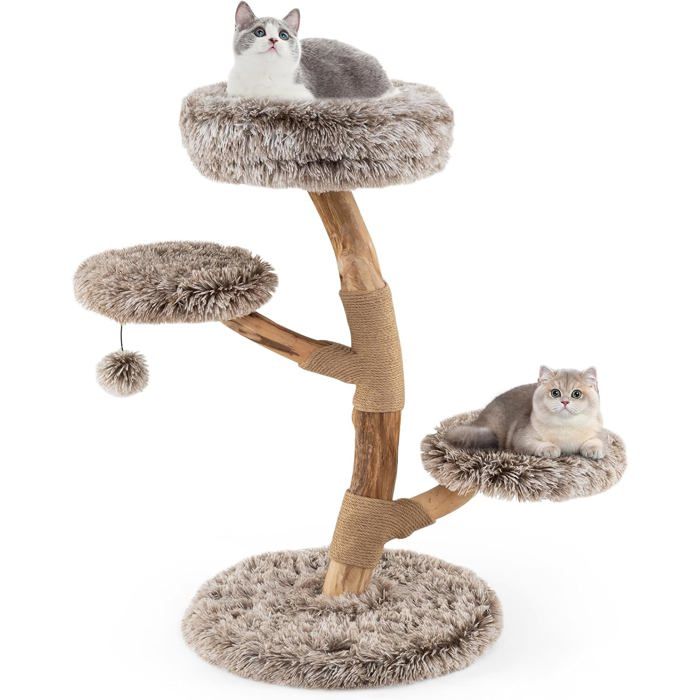 Comparer les prix de GOPLUS Arbre à Chat 90 cm en Bois de Poirier Massif Meuble dIntérieur pour Chat avec de Vraies Branches Griffoirs Tapis