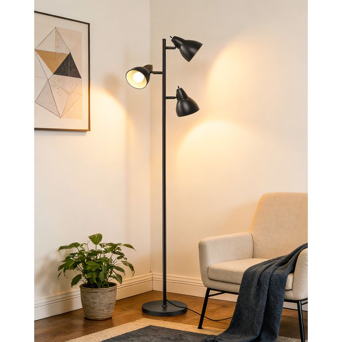EDISHINE Lampadaire sur pied salon 3 lampes réglables avec interrupteurs individuels 3 ampoules E27 fournies 163 cm noir métal