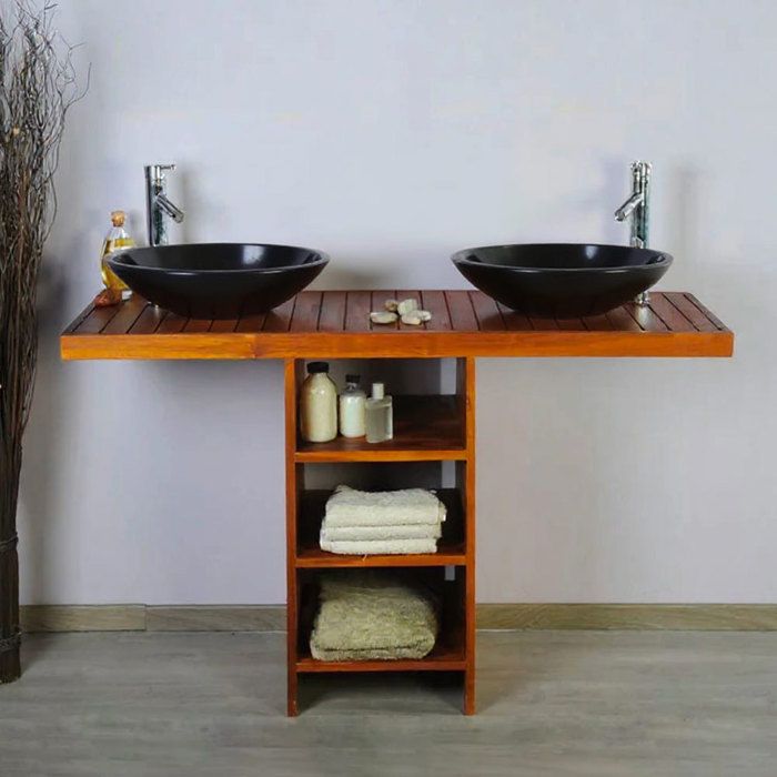 Ensemble meuble vasque et miroir salle de bain New Gempo 140 cm en bois teck naturel Taille - Meuble + 2 vasques