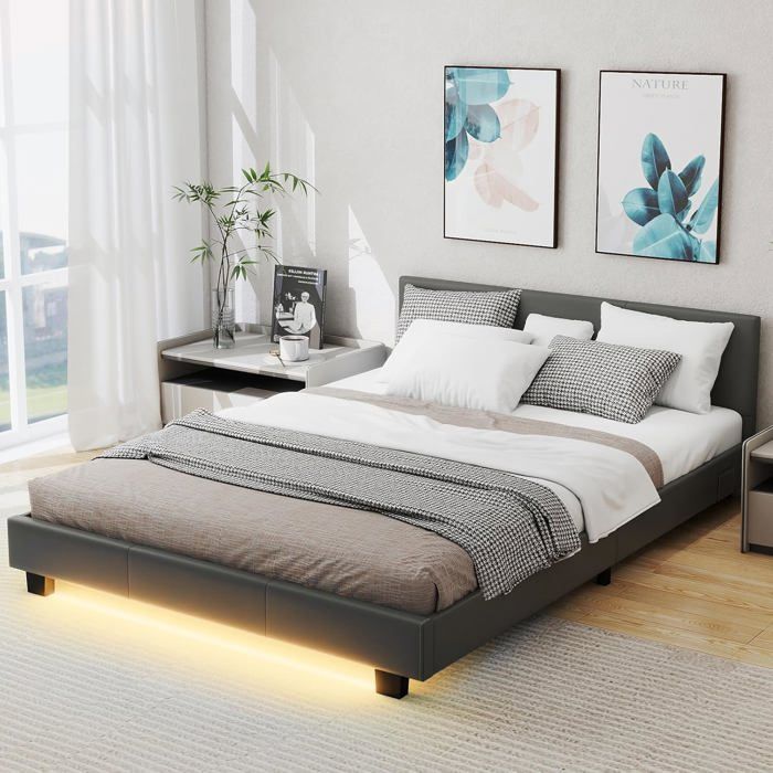 Lit Double 140 x 200 CM COSTWAY en Simili Cuir Bandes LED Tête de Lit Sommier à Lattes en Bois Lit Adulte Charge 300 kg Gris
