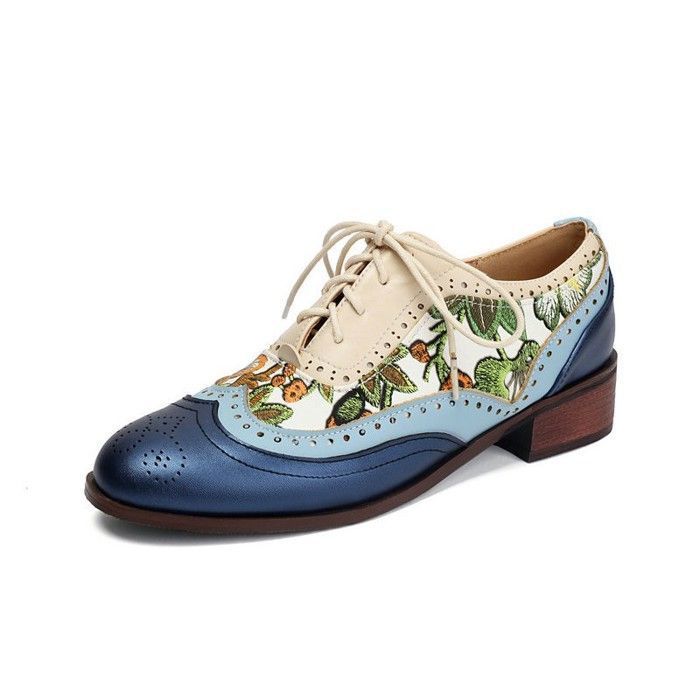 VITATA Chaussures Richelieu Femme Broderie Florale Lacets