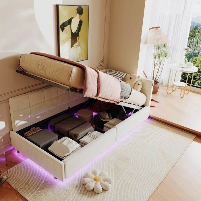 Canapé-lit rembourré - DREAMMESPACE - 90x200cm - Flanelle - USB et Type-C - Rangement hydraulique