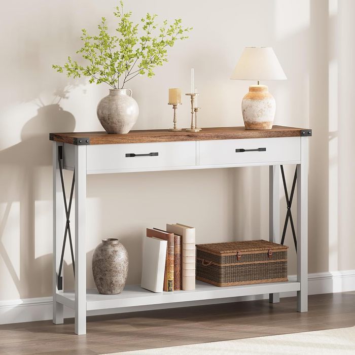 Console avec 2 Tiroirs en Tissu 109 x 31 x 30.5 cm (L x H x P) pour Entrée Salon Marron Rustique et blanc