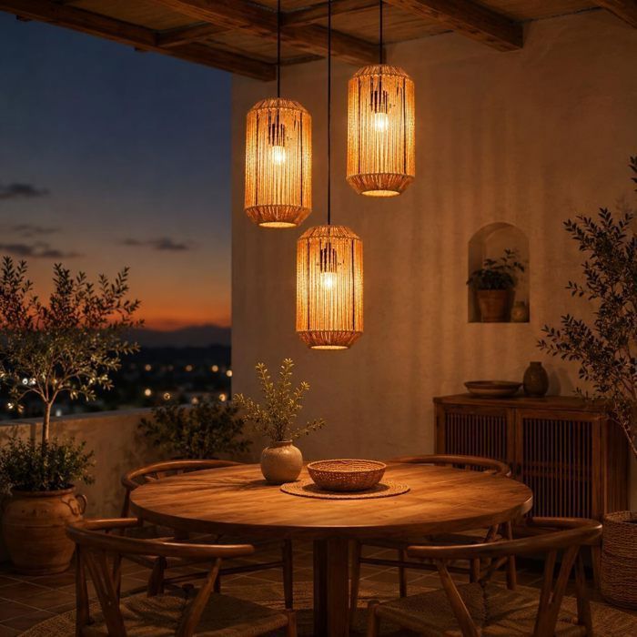 Lampe suspension rotin naturel NETTLIFE 3 lumières Design bohème chic métal noir Long Luminaire E27 pour salle à manger salon