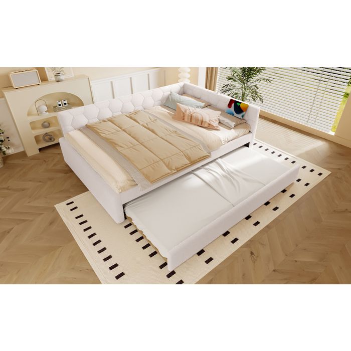 Lit gigogne 140x200 cm en velours blanc design géométrique tiroir multifonction ports USB et Type-C lampe