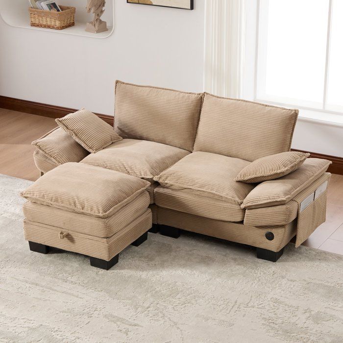 Canapé velours côtelé droit 2 places avec pouf de rangement - USB-C et poches latérales - Petit canapé lit kaki