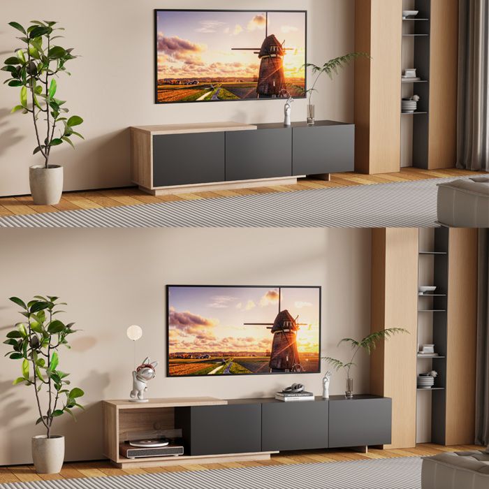 Meuble TV Moderne avec Éclairage LED Meuble TV Extensible avec 3 Tiroirs et Espace de Stockage Ouvert Armoire de Télévision Noir