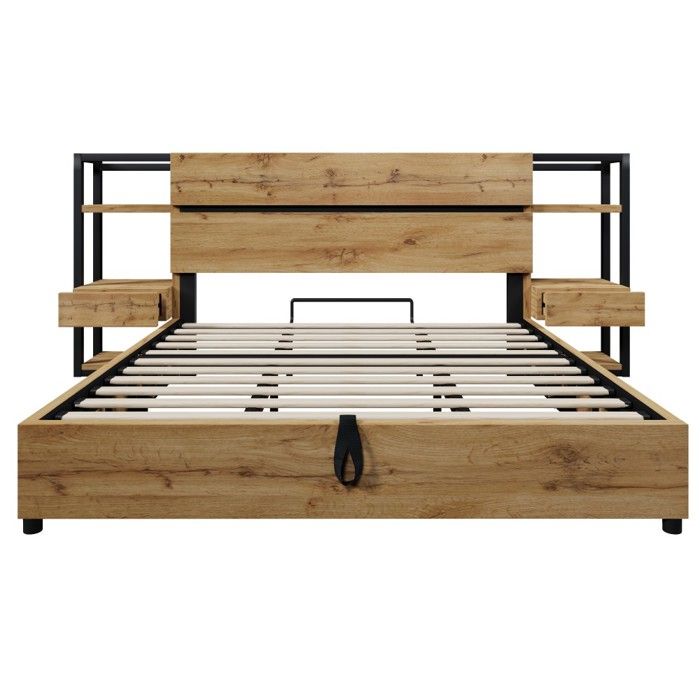 Lit Double Lit coffre hydraulique 180x200 avec tête de lit coffre tiroirs ports USB/Type-C et cadre lattes bois chêne Sans Matelas
