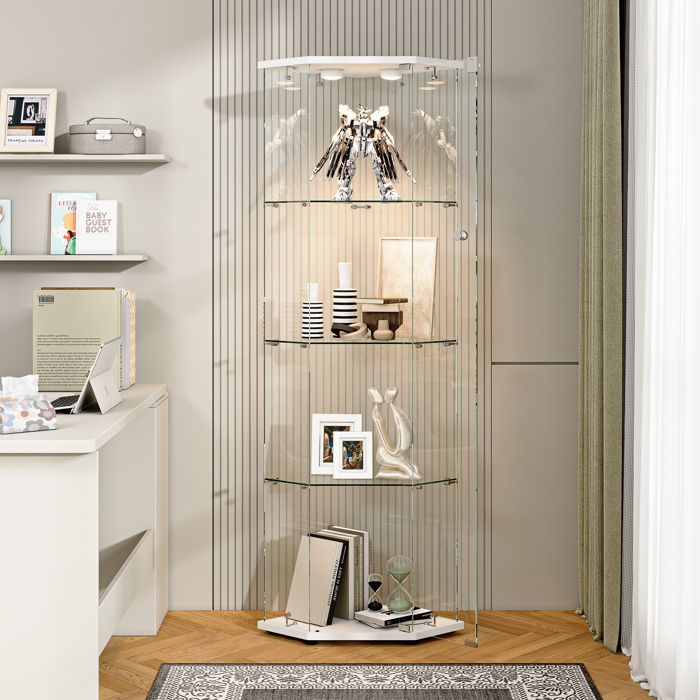 Vitrine en Verre Trempé 60x40x162 cm avec LED – Armoire d’Exposition 4 Niveaux Design Pentagonal Moderne - Blanc Vitrine en Verre Trempé 60x40x162 cm avec LED – Armoire d’Exposition 4 Niveaux Design Pentagonal Moderne - Blanc