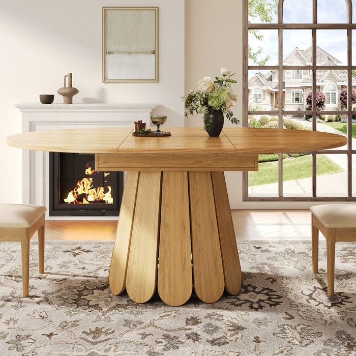 Table à manger ronde extensible design moderne plateau bois transformable en ovale piètement métalpour cuisine et salon