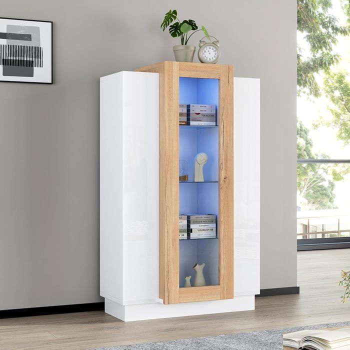Vitrine transparente brillante avec LED bibliothèque avec 3 portes et 3 étagères en verre armoire haute de collection pour salon