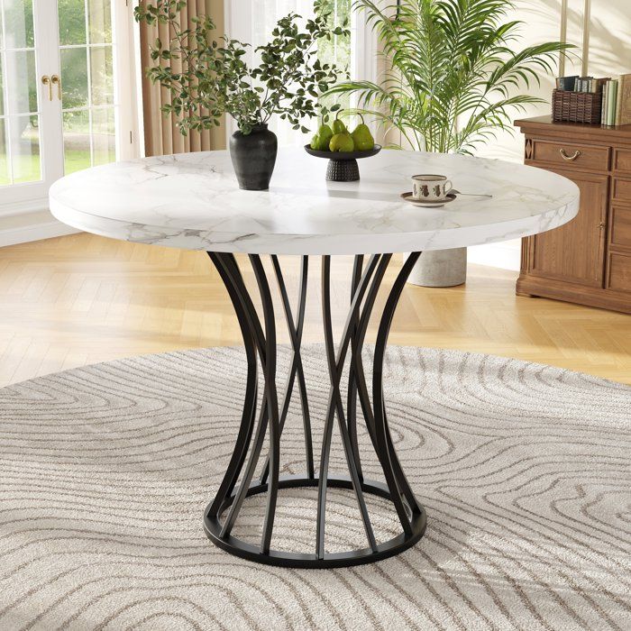 Table à Manger MERAX pour 4 Personnes Cuisine et Salon - Table Ronde Effet Marbre 80 cm avec Pieds Métal Noirs