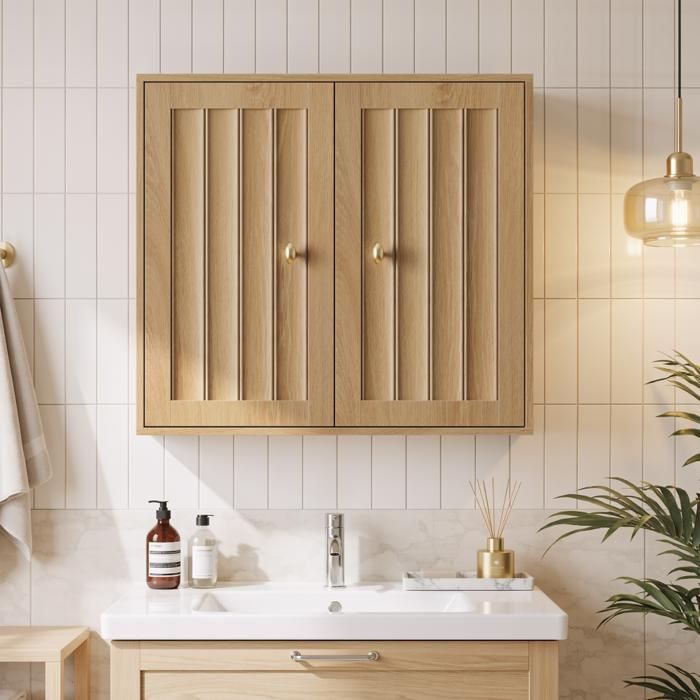 Armoire de salle de bain murale 2 portes chêne étagères ajustables design rainuré rangement pour cosmétiques et médicaments