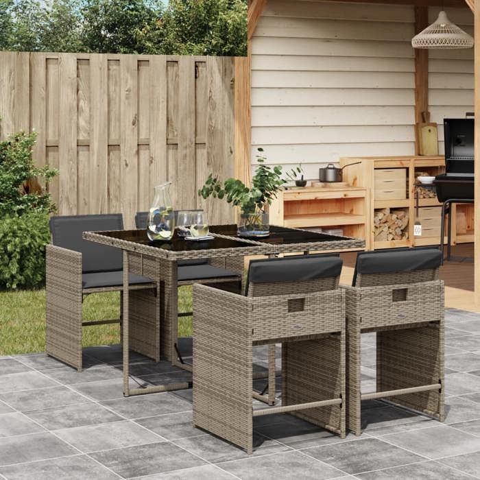 36686&Mode Ensemble à manger de jardin - 5 pcs - (Table et 4 chaises de jardin) - coussins gris résine tressée - 110x106x73 cm