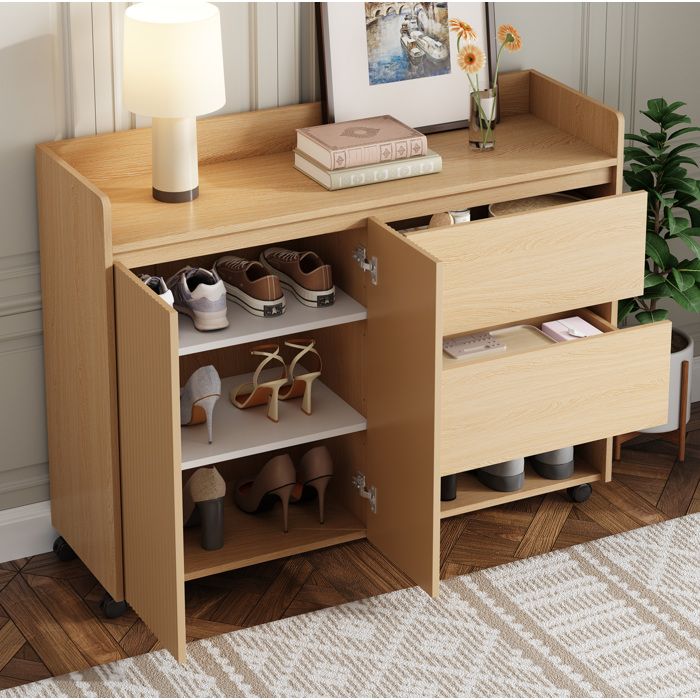 Meuble à chaussures 110 x 35 x 86 cm avec roulettes freinées tiroirs compartiments ouverts scandinave MDF naturel