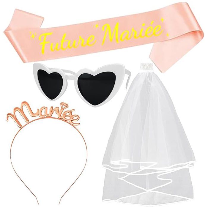 EVJF Accessoire,4PCS Bride to Be Accessoires,Decoration EVJF:Écharpe Future Mariée,Voile Mariée,Badge,Bandeau Diadème,Accessoires EVJF pour Photos de Mariage