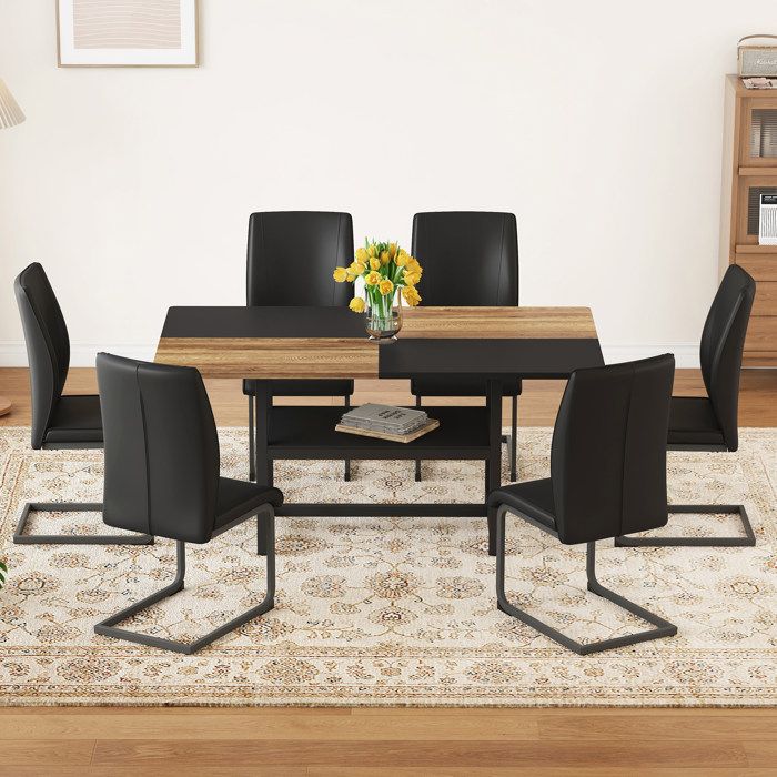 Ensemble de table à manger 6 personnes 1 table 160 cm 6 chaises PU noir et couleur bois