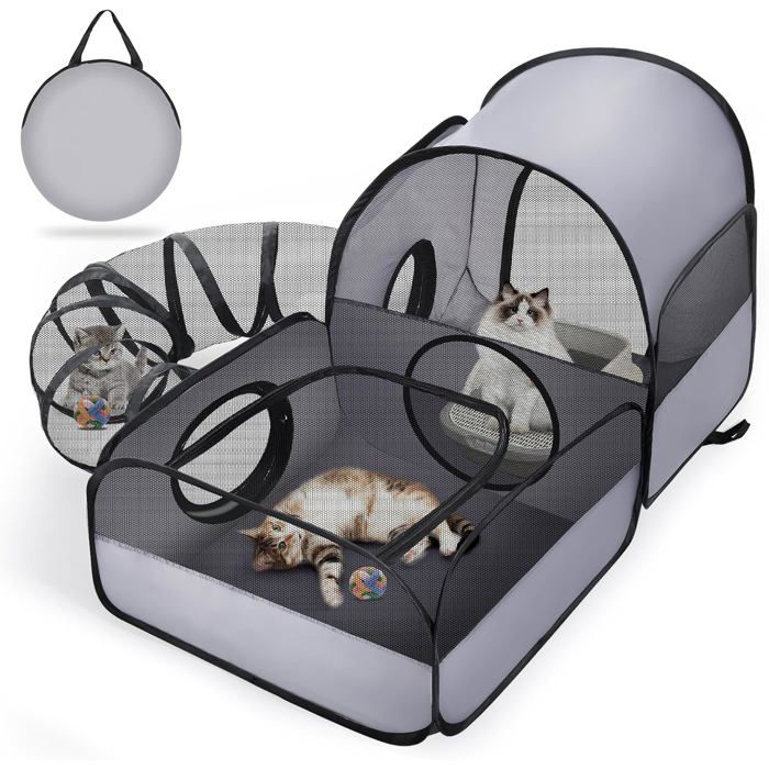Parc de jeu portable pour chats avec tunnel périphérique et deux espaces clos reliés idéal comme tente dextérieur ou parc