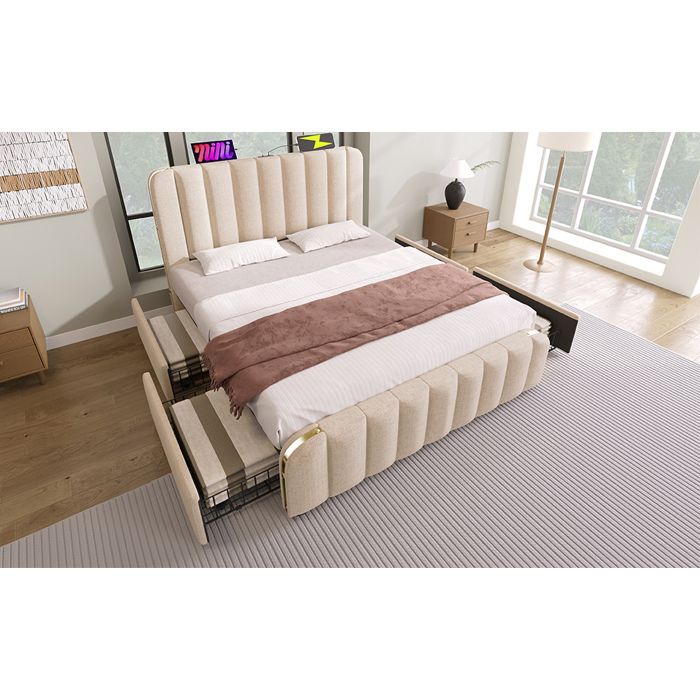 Modenuit lit double rembourré 140x190 cm avec 4 tiroirs USB et Type-C lin beige sommier à lattes inclus