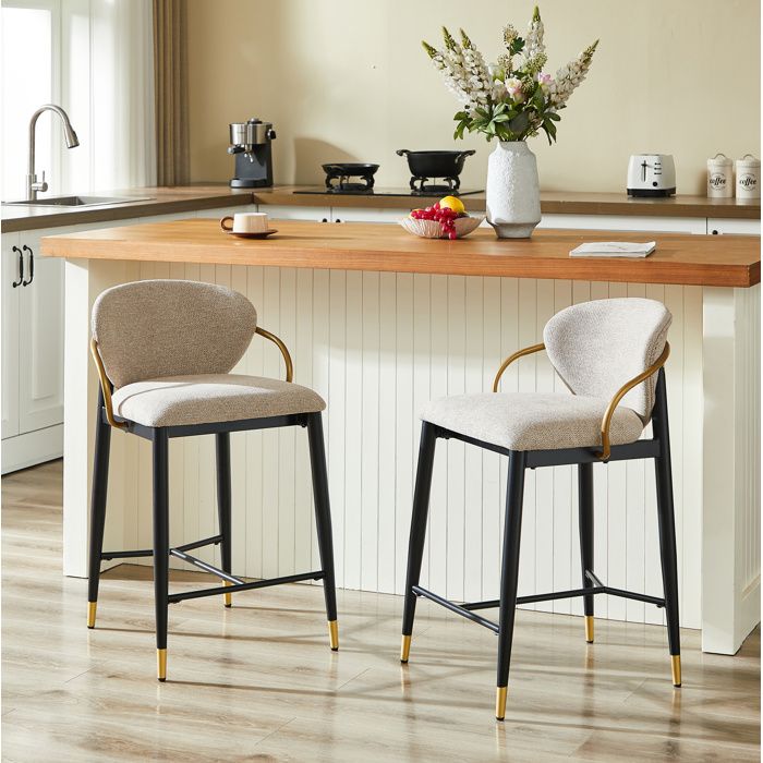 MEUBLIV Lot de 2 tabourets de bar en chenille marron clair noir et or avec dossier accoudoirs et repose-pieds