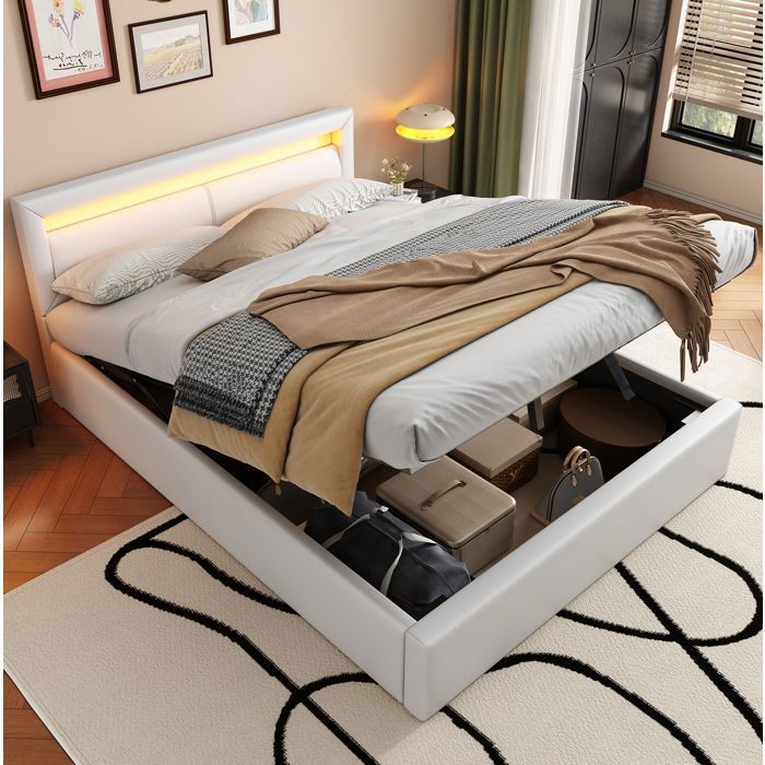 MEULVA Lit coffre 140 x 200 cm avec LED sommier à lattes rangement en PU blanc