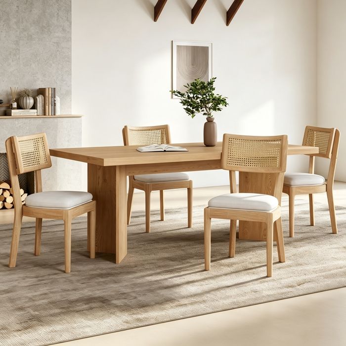 Lot de 4 Chaises de Salle à Manger en Bois Massif avec Dossier en Rotin Chaise de Cuisine Rembourrée Style Moderne Couleurs Bois
