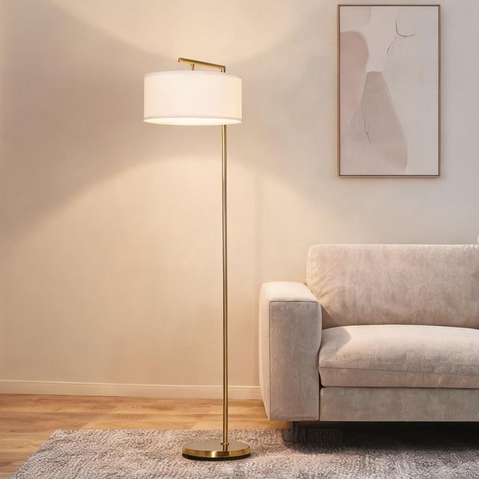 Lampadaire design or et abat-jour en lin blanc idéal lecture salon ou chambre 153 cm