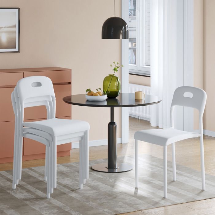 Chaises Empilables Lot 4 – Plastique Pieds Acier Imperméables –Capacité de charge de 136 kg– 455x40x76.5cm-Blanc