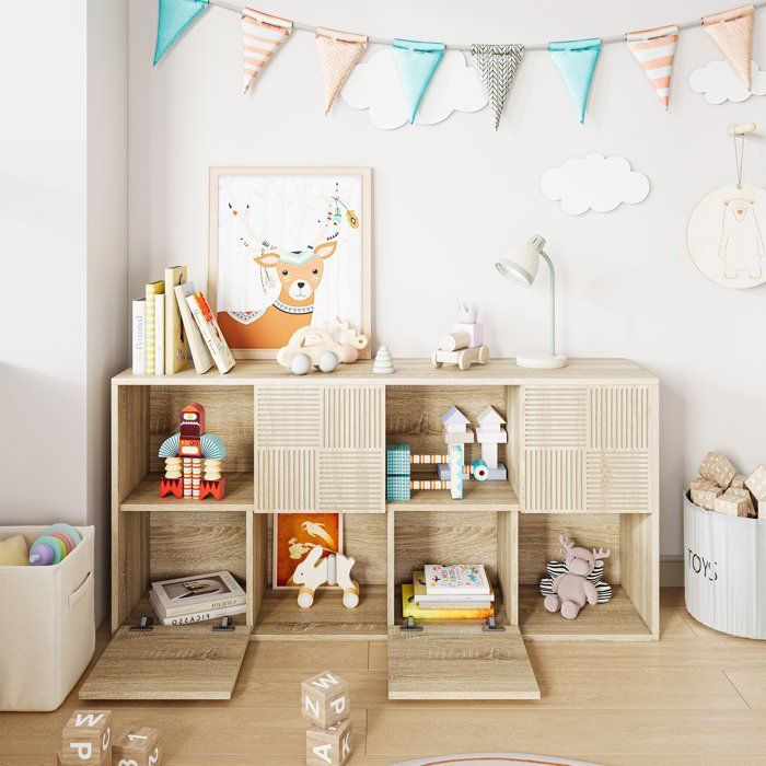 Bibliothèque Étagère Modulable 125×30×60cm Couleur Bois naturel 8 Casiers 4 Portes à Lamelles Style Scandinave pour Salon Chambre