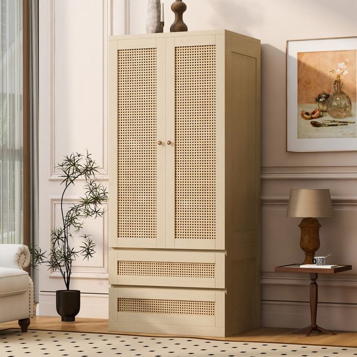 Armoire de Chambre Style Rotin avec Doubles Portes 2 Tiroirs Meuble de Rangement avec Tringle Idéal pour Petit Espace 70x55x170cm