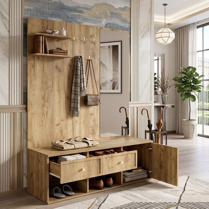 Meuble dEntrée Vestiaire 120x35x159cm Gain de Place Rangement Miroir Psyché Banc à Chaussures Tiroirs Style Bois Naturel